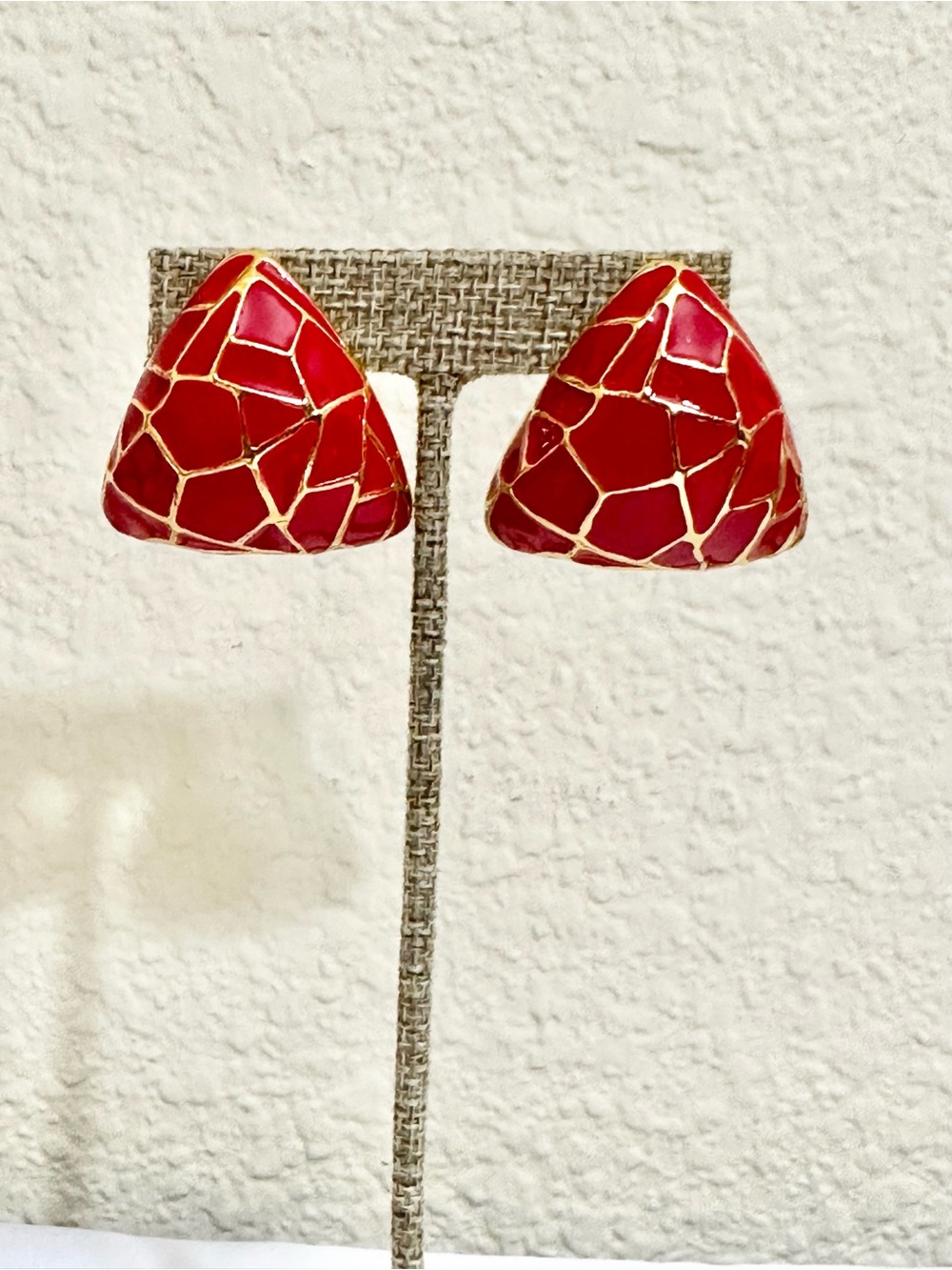 Chunky Vintage Gold Plated Red Enamel & Gold Mosaic Trim Statement Earrings